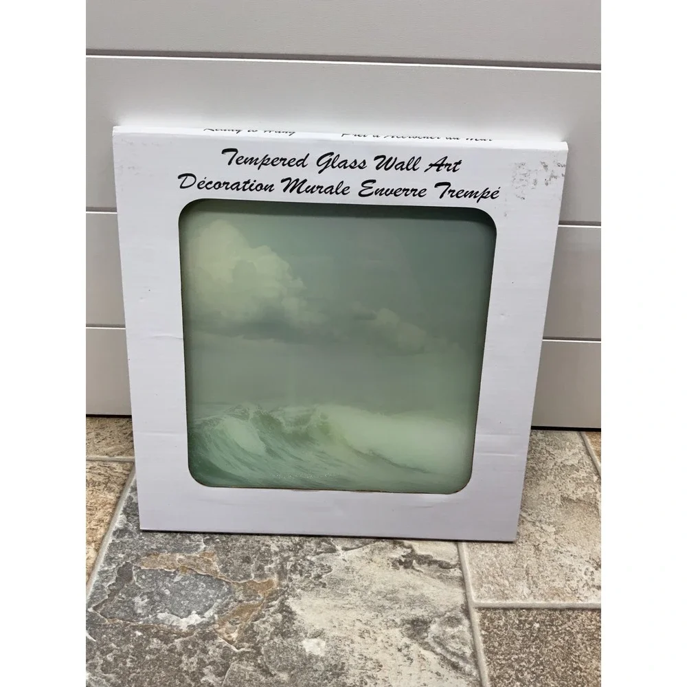 Tempered Glass Wall Art Ocean Waves Coastal Seascape Square 12x12 Green Grey
